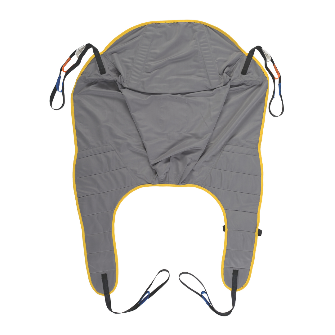 A Hoyer® Padded Full Back Loop Style Sling in gray fabric with yellow trim, black attachment loops, and colored corner straps for patient lifting transfers is displayed flat on a white background.